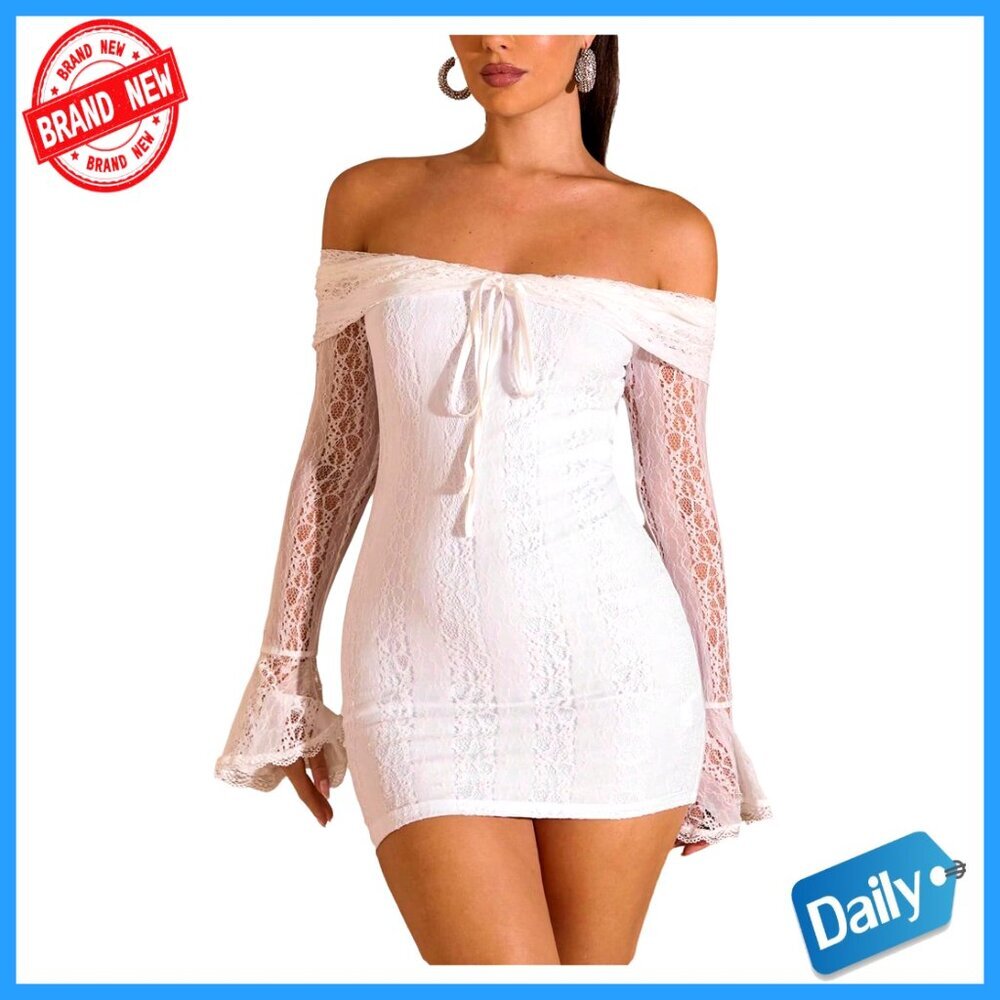 White Lace Off Shoulder Bodycon Mini Dress Long Sleeve Valentines Party